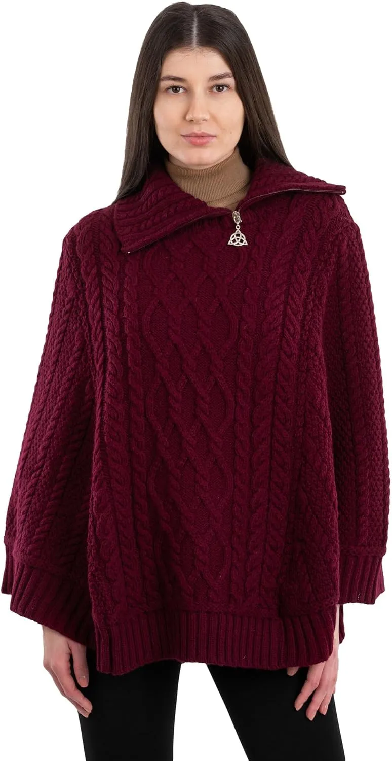 SAOL Ireland Ladies 100% Merino Wool Cowl Neck Zipper Poncho
