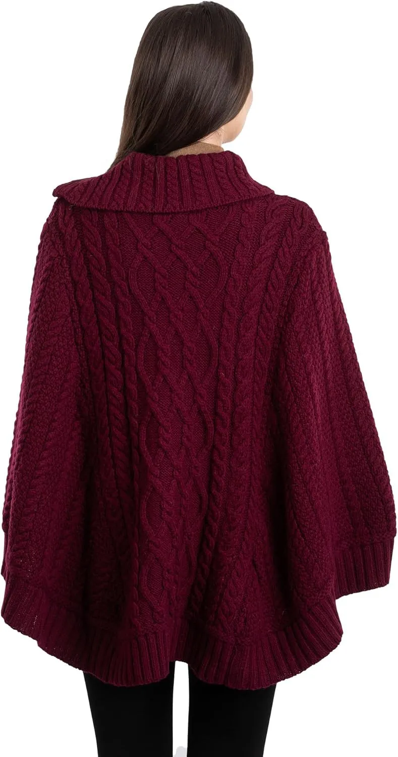 SAOL Ireland Ladies 100% Merino Wool Cowl Neck Zipper Poncho
