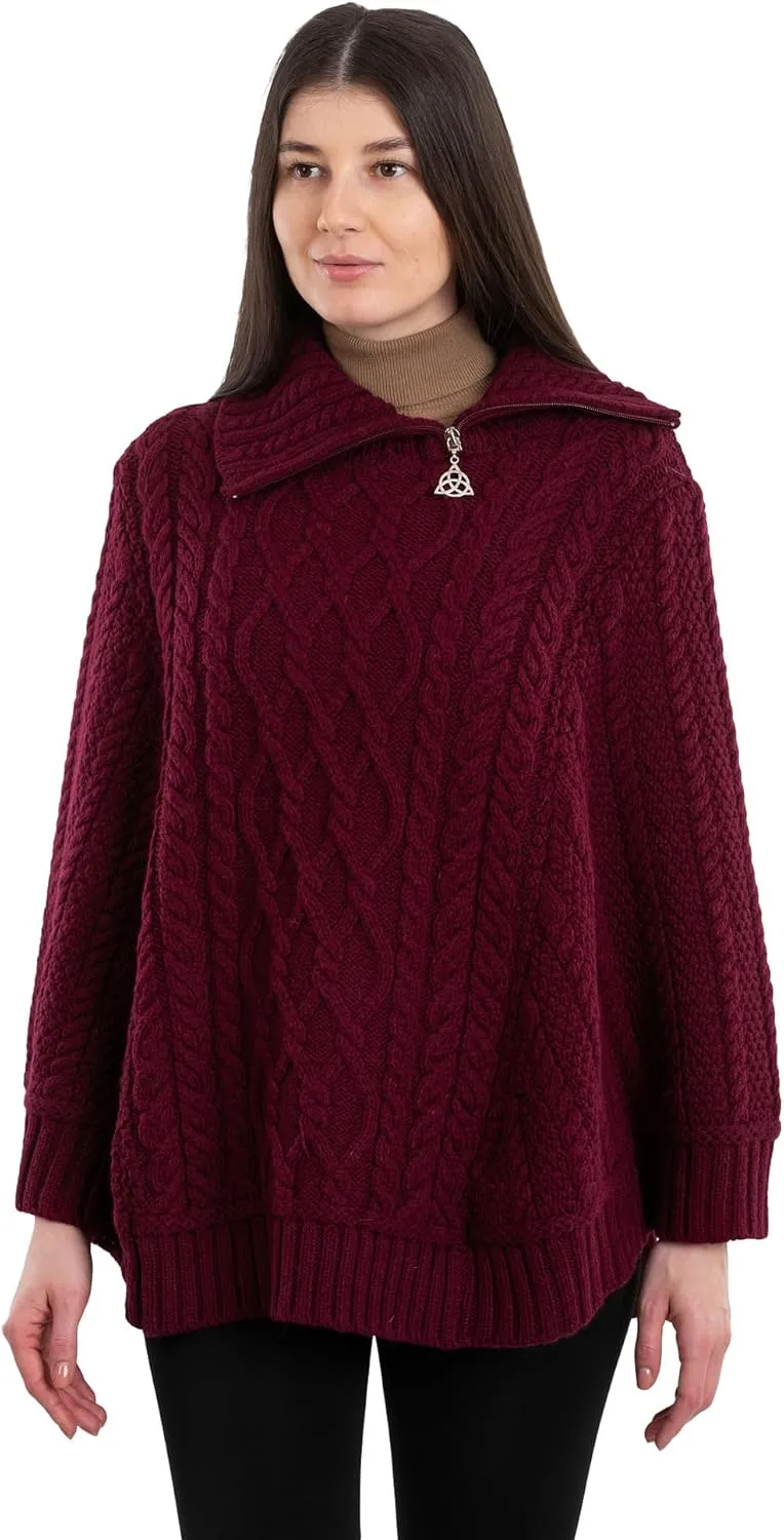 SAOL Ireland Ladies 100% Merino Wool Cowl Neck Zipper Poncho