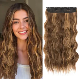 SEGO One Pieces 5 Clips in Hair Extensions Wavy Natural Soft Synthetic Hairpieces for Women Hair Clip Extensions for Women,24inch Brown Mixed Natural Blonde,180g
