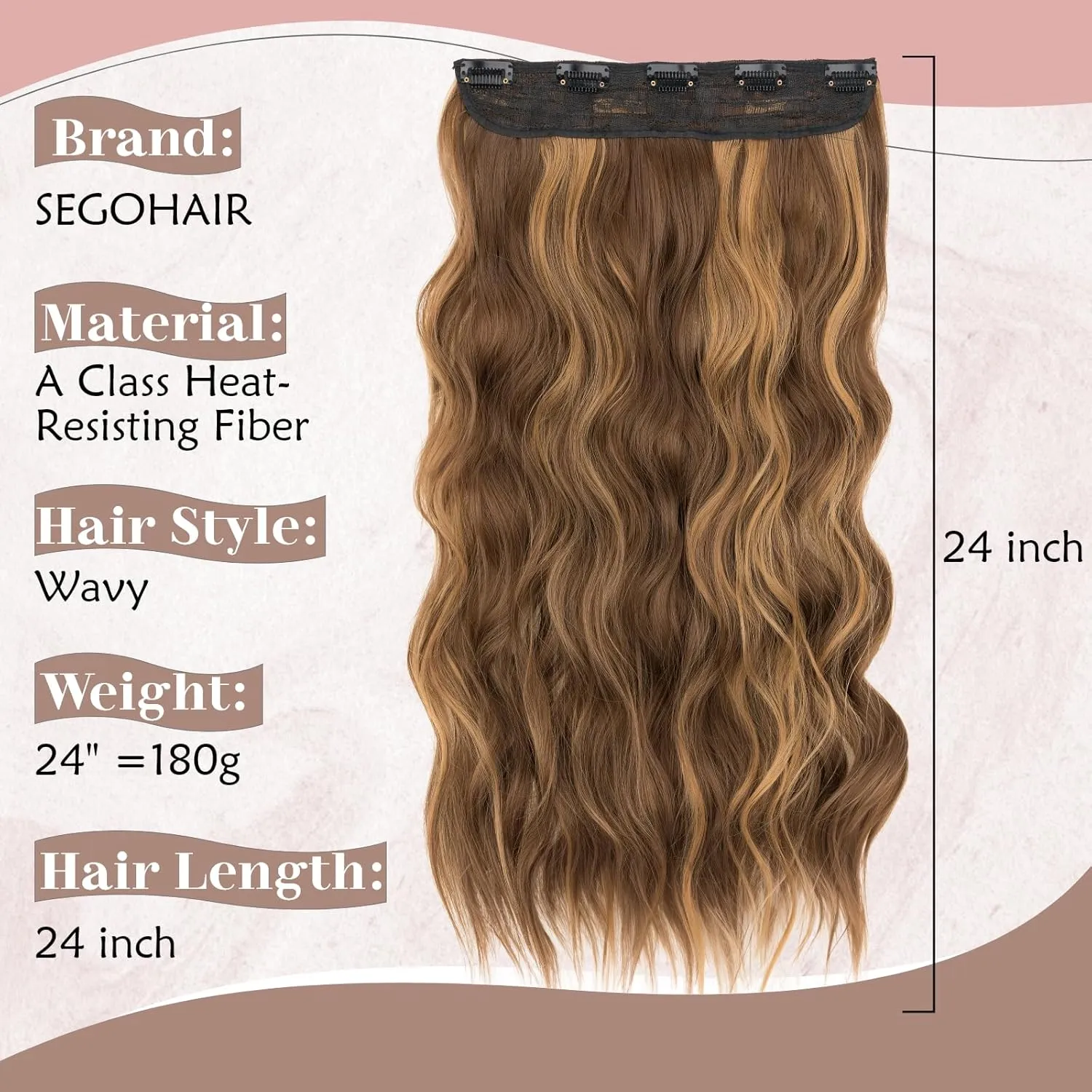 SEGO One Pieces 5 Clips in Hair Extensions Wavy Natural Soft Synthetic Hairpieces for Women Hair Clip Extensions for Women,24inch Brown Mixed Natural Blonde,180g