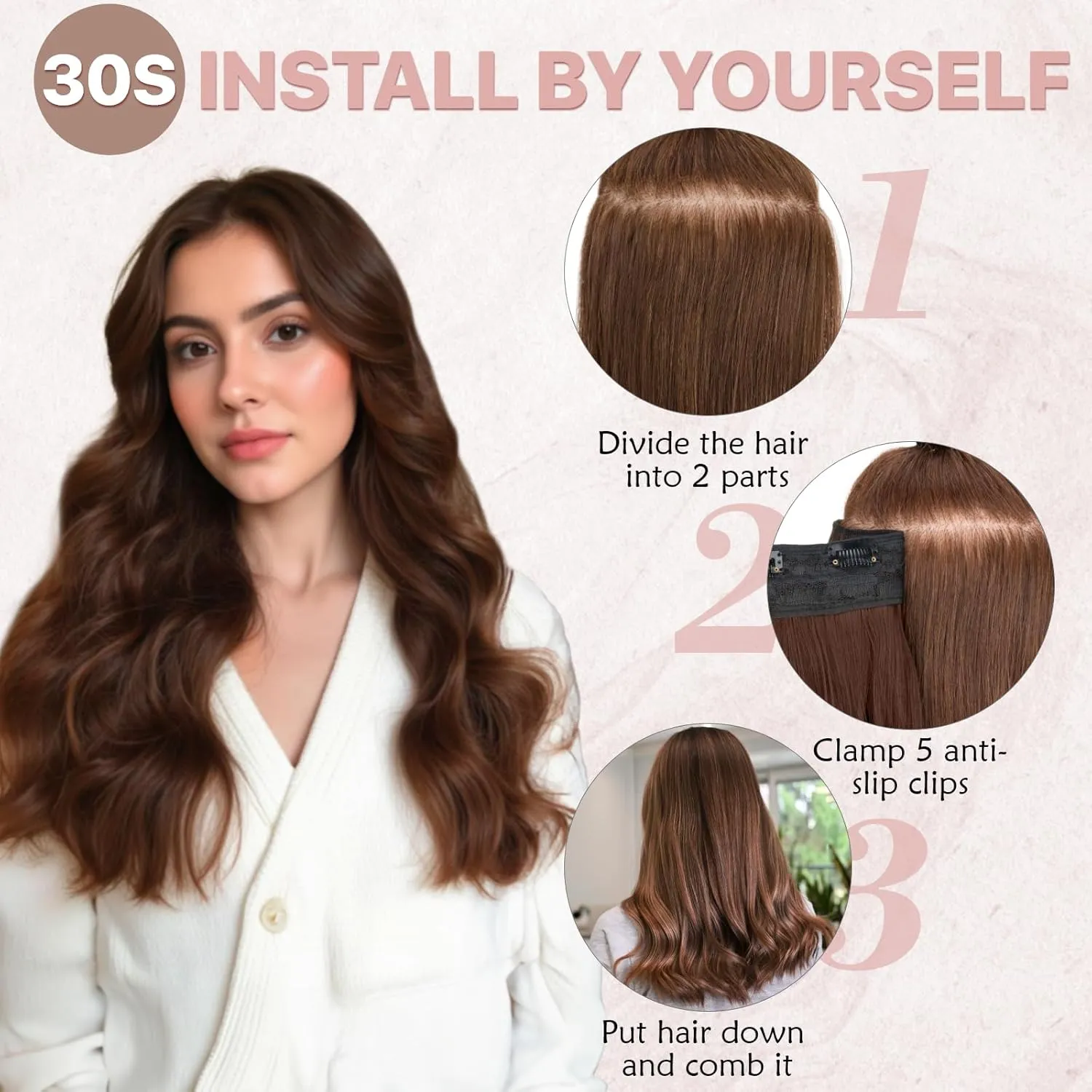 SEGO One Pieces 5 Clips in Hair Extensions Wavy Natural Soft Synthetic Hairpieces for Women Hair Clip Extensions for Women,24inch Brown Mixed Natural Blonde,180g