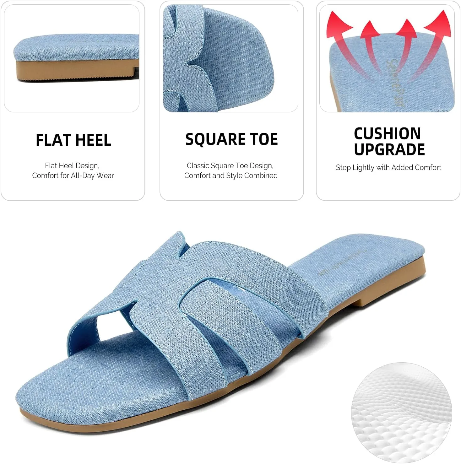 SelenePair Women's Fashion Flat Sandals Square Toe Slip On Dress Summer Slides