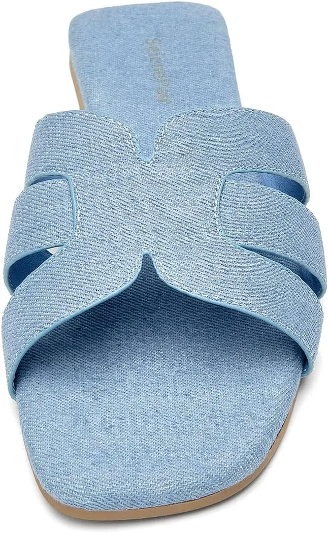 SelenePair Women's Fashion Flat Sandals Square Toe Slip On Dress Summer Slides