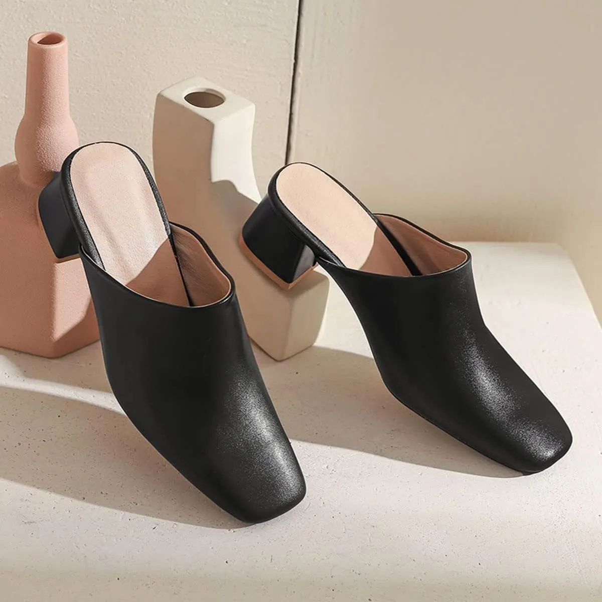 SHEMEE Women's Closed Square Toe Chunky Heel Slides Mule Pumps Slip On Mid Block Heels Slippers Sandals Backless Slingback Shoes