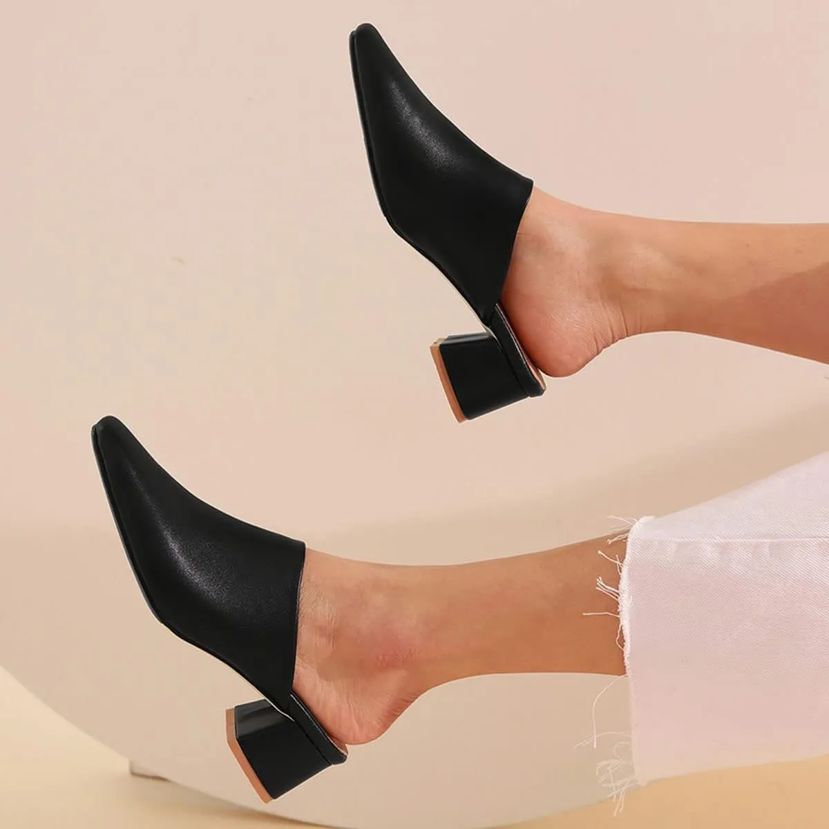 SHEMEE Women's Closed Square Toe Chunky Heel Slides Mule Pumps Slip On Mid Block Heels Slippers Sandals Backless Slingback Shoes