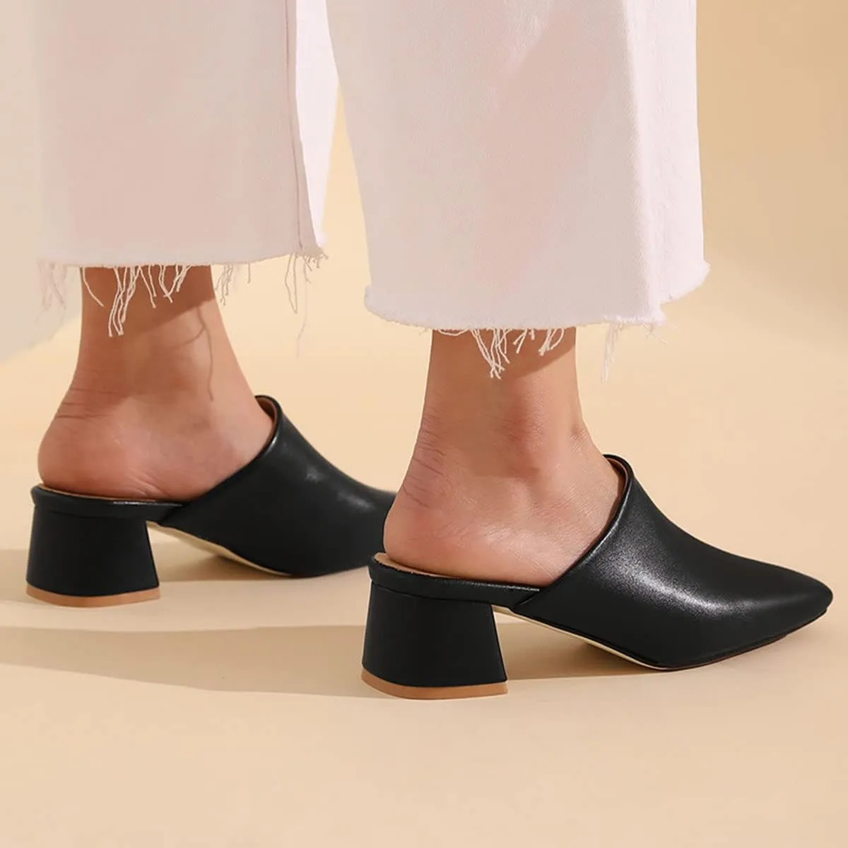 SHEMEE Women's Closed Square Toe Chunky Heel Slides Mule Pumps Slip On Mid Block Heels Slippers Sandals Backless Slingback Shoes