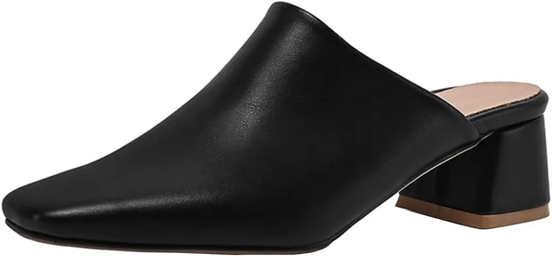 SHEMEE Women's Closed Square Toe Chunky Heel Slides Mule Pumps Slip On Mid Block Heels Slippers Sandals Backless Slingback Shoes
