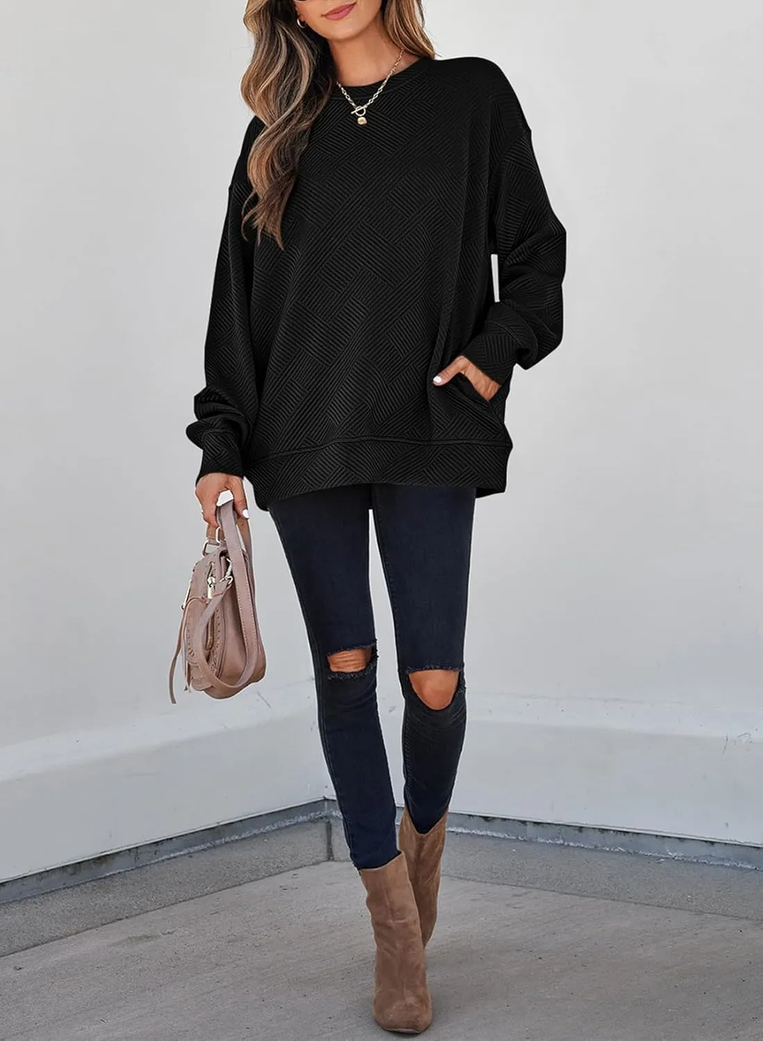 SHEWIN Womens Oversized Sweatshirt Fall Fashion 2024 Long Sleeve Tops Casual Crewneck Sweatshirts with Pockets