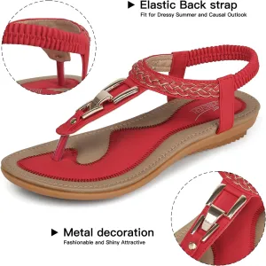 SHIBEVER Womens Sandals Dressy Summer: Women Comfortable Walking Flat Bohemian T-Strap Ladies Casual Comfy Sandals