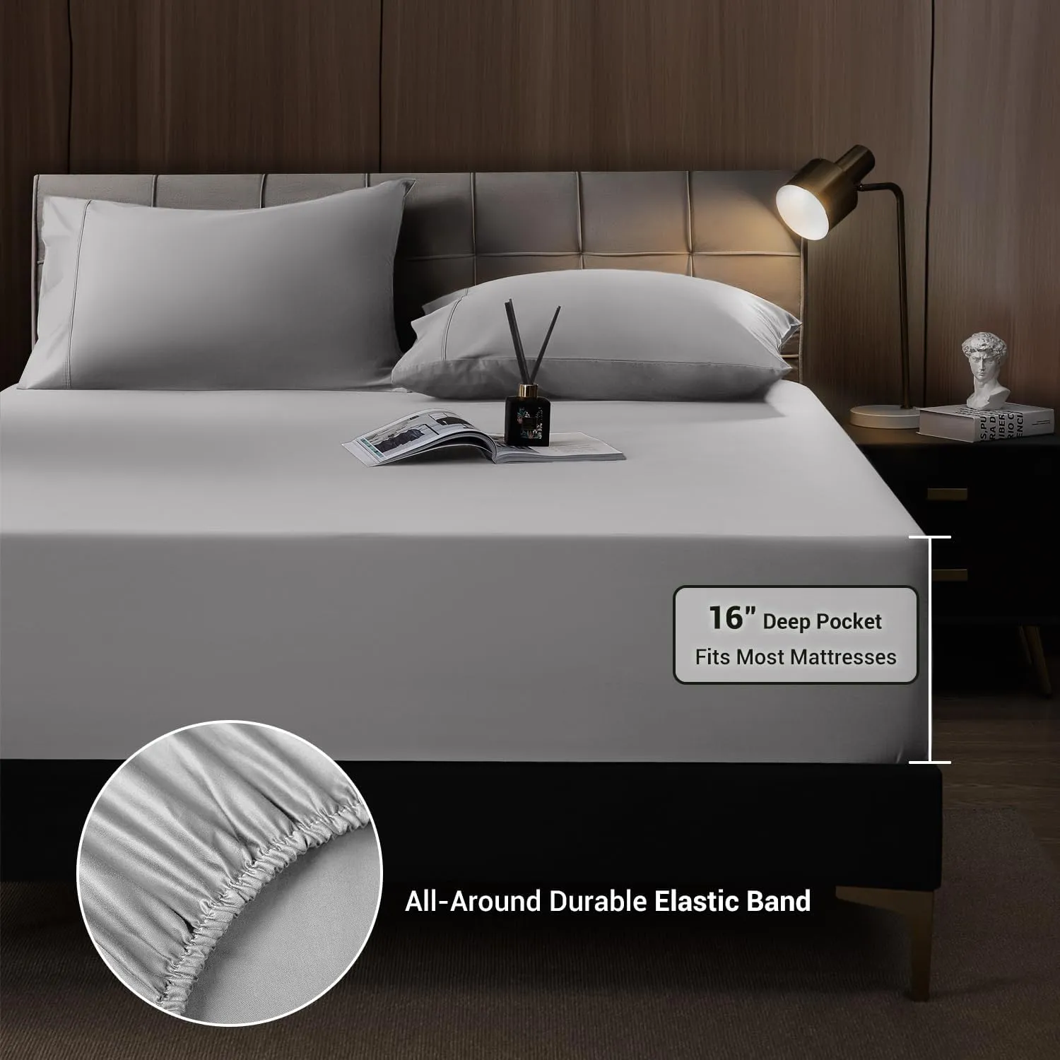 Shilucheng 4 Piece Queen Sheet Sets, Cooling Sheets, Blend Rayon Derived from Bamboo, Deep Pocket Up to 16", Breathable & Soft Bed Sheets, Hotel Silky Bedding Set, Grey