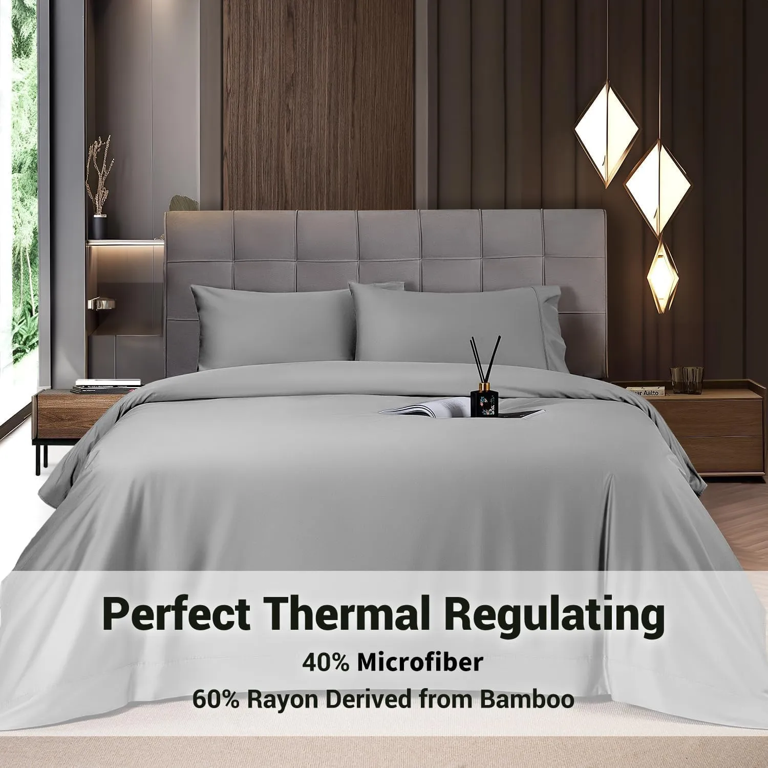 Shilucheng 4 Piece Queen Sheet Sets, Cooling Sheets, Blend Rayon Derived from Bamboo, Deep Pocket Up to 16", Breathable & Soft Bed Sheets, Hotel Silky Bedding Set, Grey