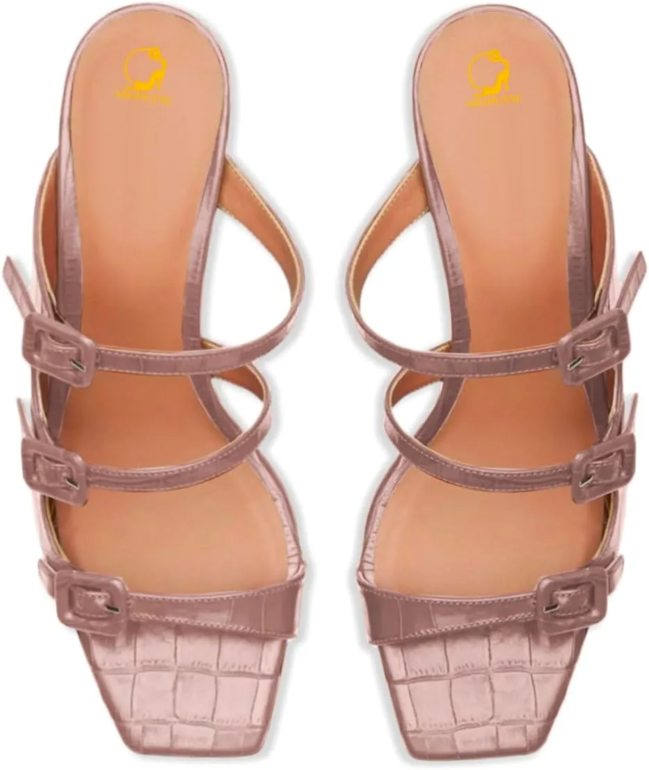 SHODENSE Women Kitten Heels Mules Square Open Toe Sandals Suede 2 Inch Mid Heels Slippers Buckle Strappy Patent Crocodile Mule Clogs Peep Toe Slip-Ons Comfortable Slides Shoes Dressy Fashion 4-11 M US