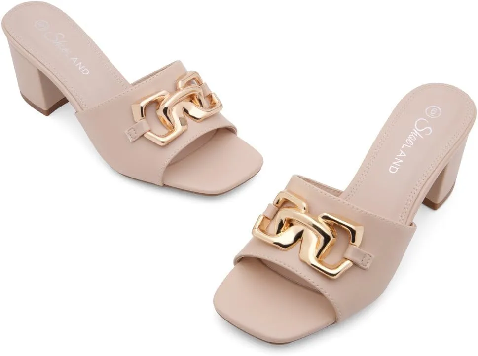 Shoe Land Women’s Low Block Heels – Square Open Toe Slip-On Mules, Slides & Sandals with Metal Chain | Casual & Dressy Chunky Heels for Wedding, Prom & Everyday
