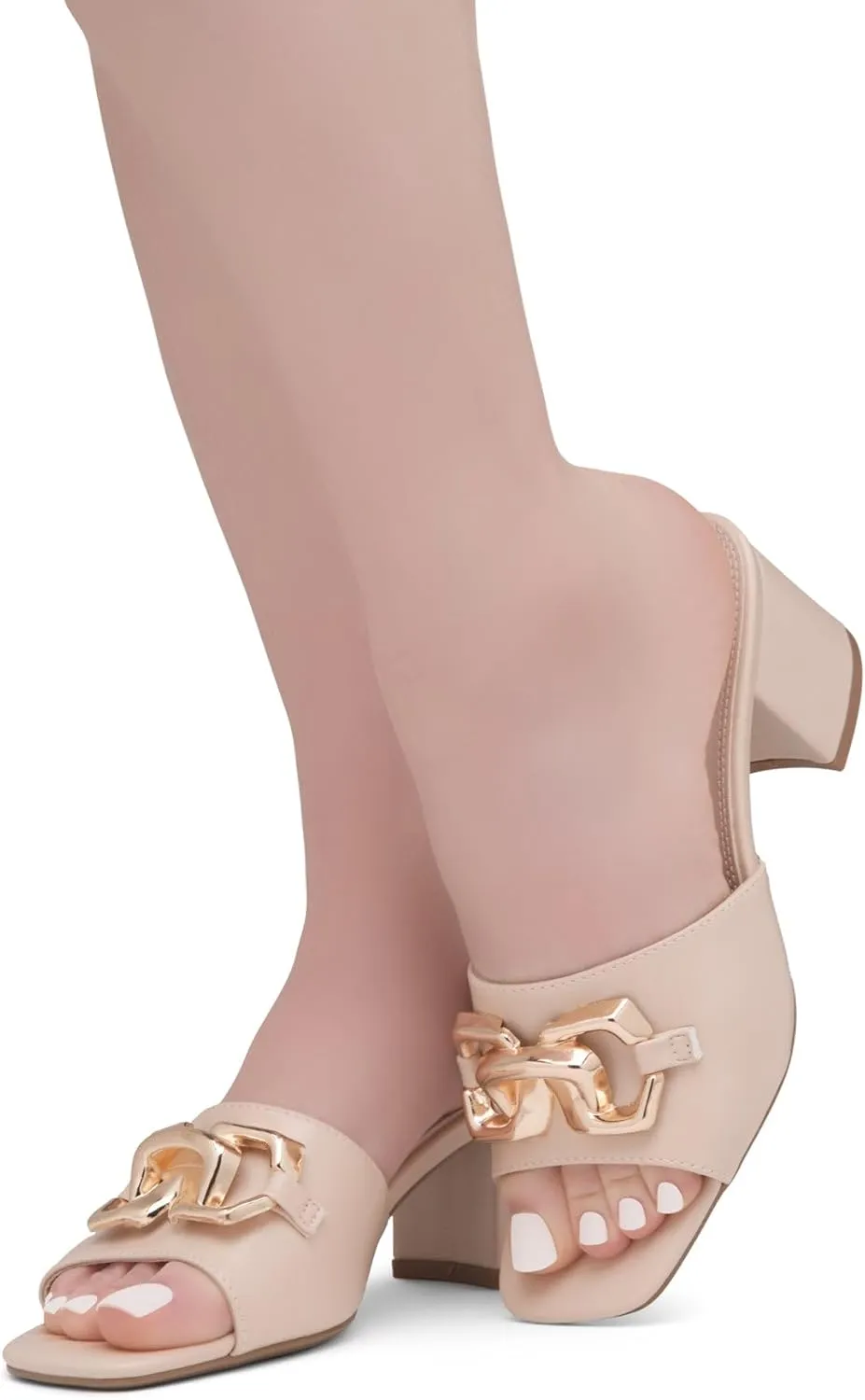 Shoe Land Women’s Low Block Heels – Square Open Toe Slip-On Mules, Slides & Sandals with Metal Chain | Casual & Dressy Chunky Heels for Wedding, Prom & Everyday