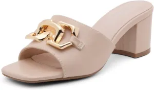 Shoe Land Women’s Low Block Heels – Square Open Toe Slip-On Mules, Slides & Sandals with Metal Chain | Casual & Dressy Chunky Heels for Wedding, Prom & Everyday