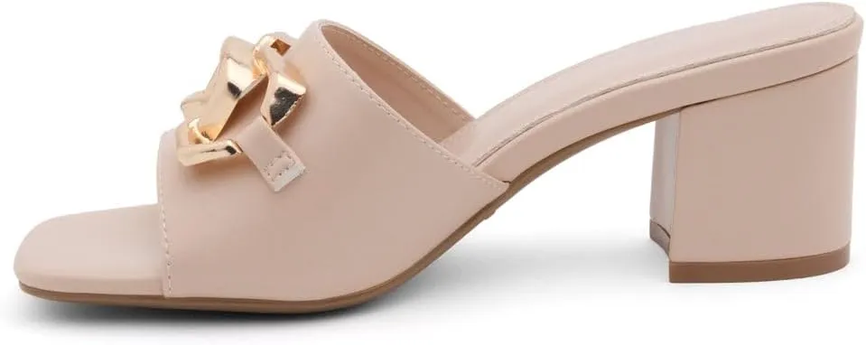 Shoe Land Women’s Low Block Heels – Square Open Toe Slip-On Mules, Slides & Sandals with Metal Chain | Casual & Dressy Chunky Heels for Wedding, Prom & Everyday