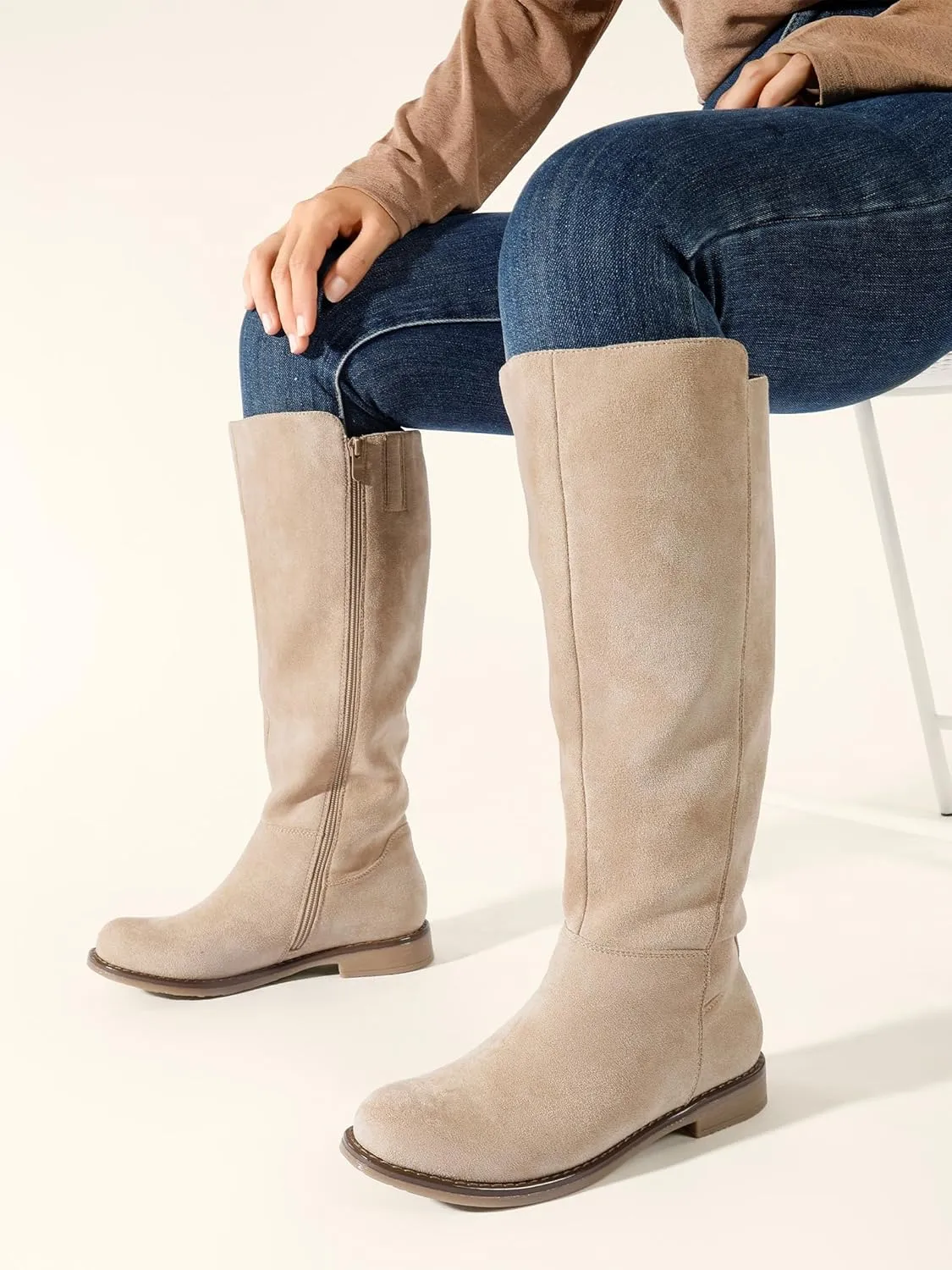Shoe'N Tale Wide Calf Knee High Boots for Women Flat Low Heel Width Stretchy Round Toe with Side Zipper Fall and Winter Fashion Comfortable