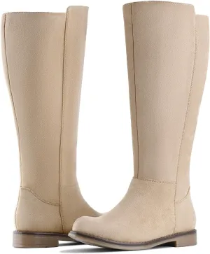 Shoe'N Tale Wide Calf Knee High Boots for Women Flat Low Heel Width Stretchy Round Toe with Side Zipper Fall and Winter Fashion Comfortable