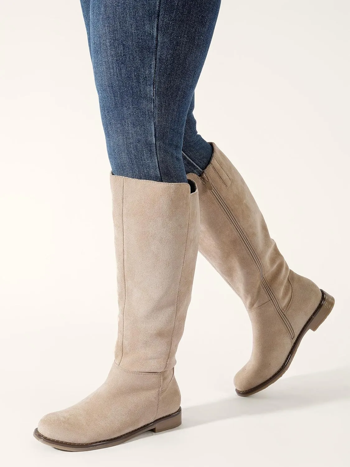 Shoe'N Tale Wide Calf Knee High Boots for Women Flat Low Heel Width Stretchy Round Toe with Side Zipper Fall and Winter Fashion Comfortable