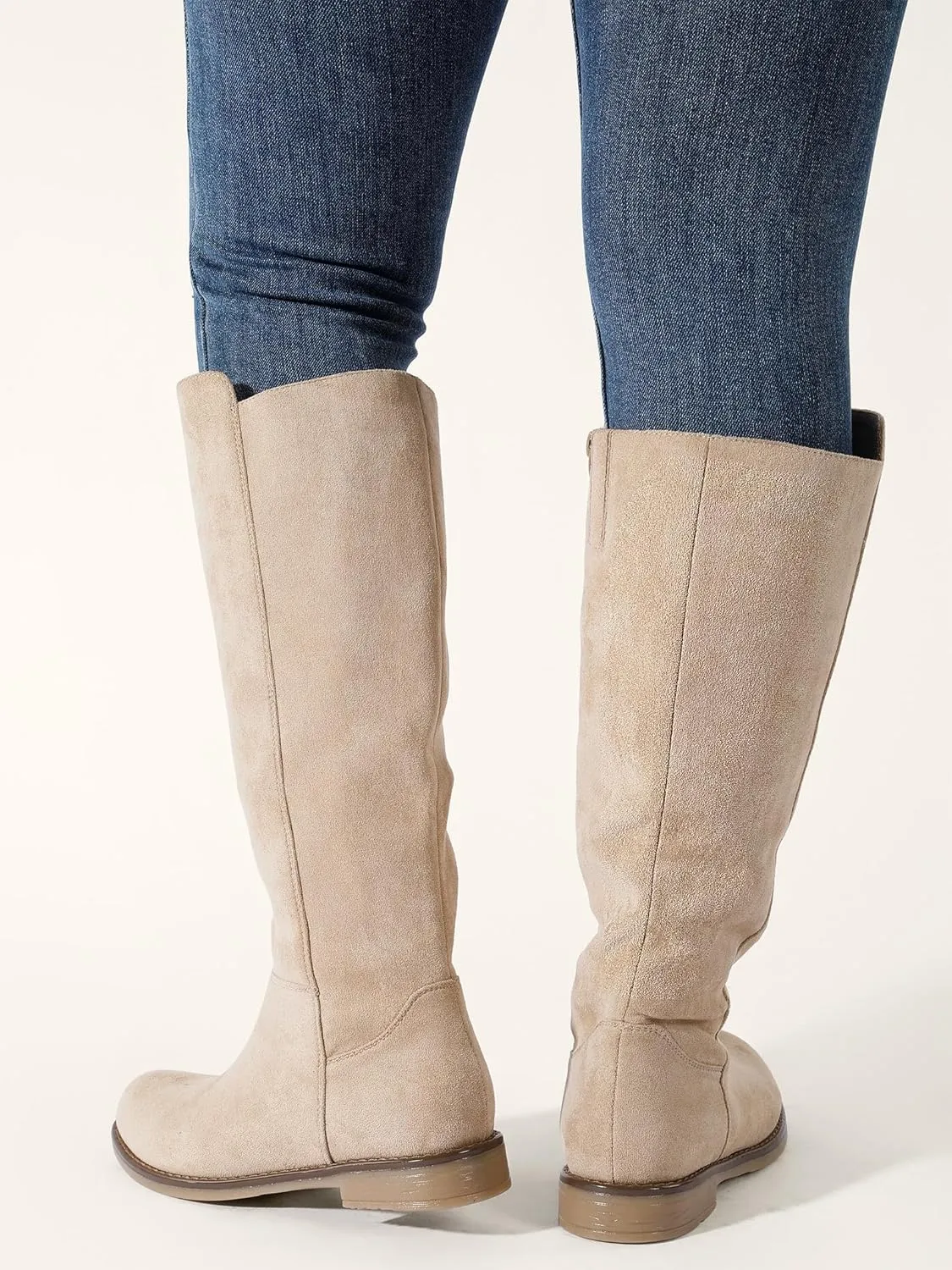 Shoe'N Tale Wide Calf Knee High Boots for Women Flat Low Heel Width Stretchy Round Toe with Side Zipper Fall and Winter Fashion Comfortable
