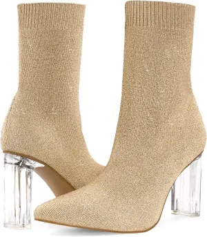 Shoe'N Tale Women's Knit Sock Ankle Boots Pointed Toe Clear Mid Heel Slip-on Stretch Booties Shoes