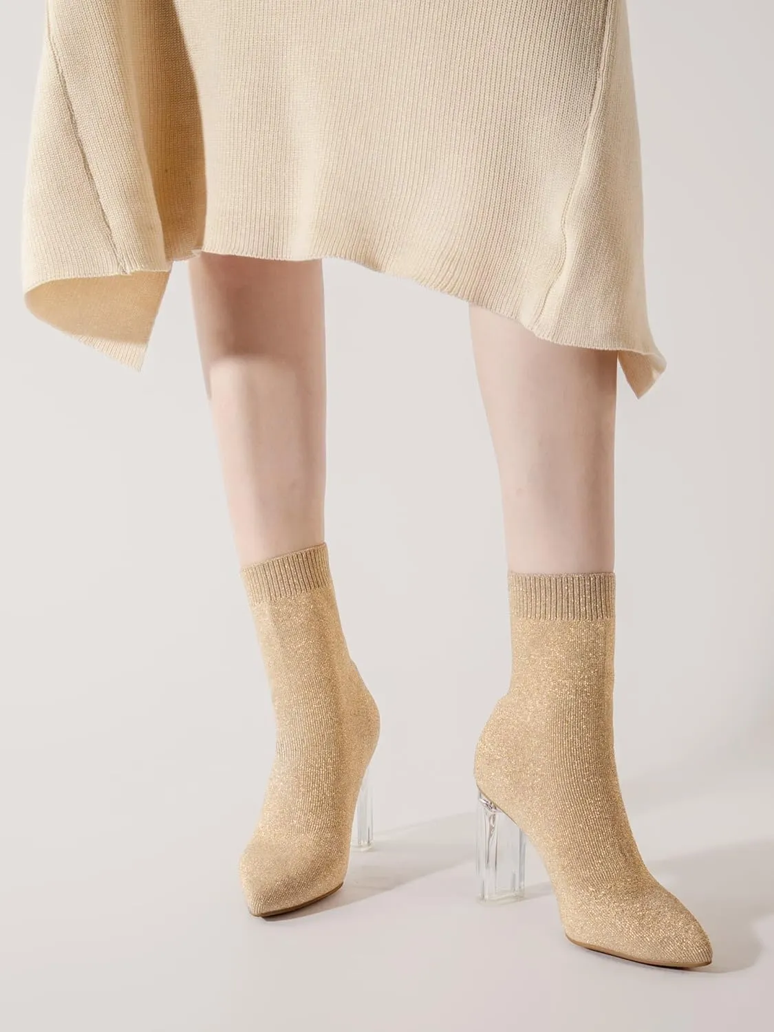 Shoe'N Tale Women's Knit Sock Ankle Boots Pointed Toe Clear Mid Heel Slip-on Stretch Booties Shoes