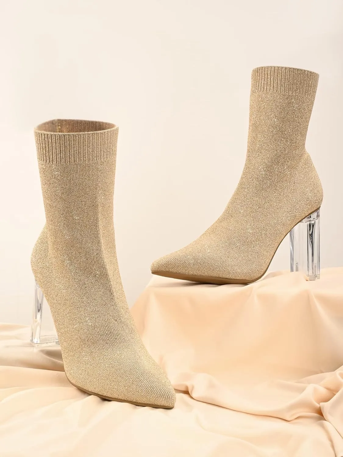 Shoe'N Tale Women's Knit Sock Ankle Boots Pointed Toe Clear Mid Heel Slip-on Stretch Booties Shoes