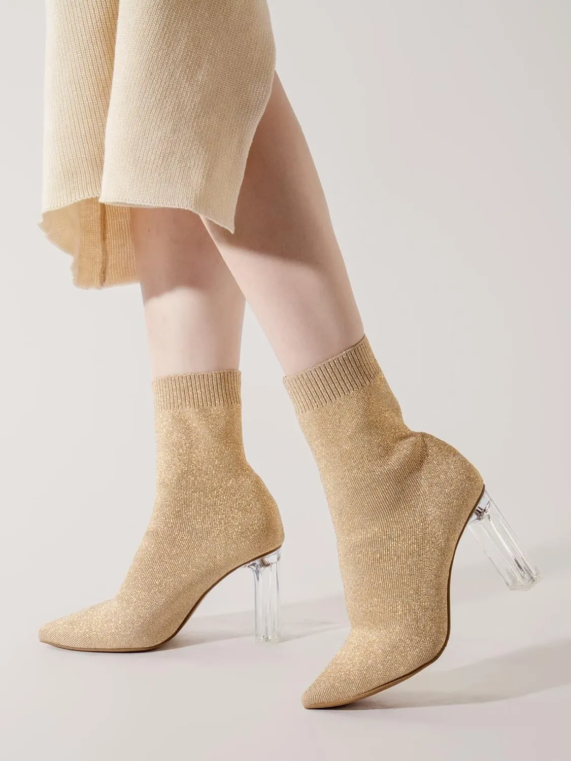 Shoe'N Tale Women's Knit Sock Ankle Boots Pointed Toe Clear Mid Heel Slip-on Stretch Booties Shoes