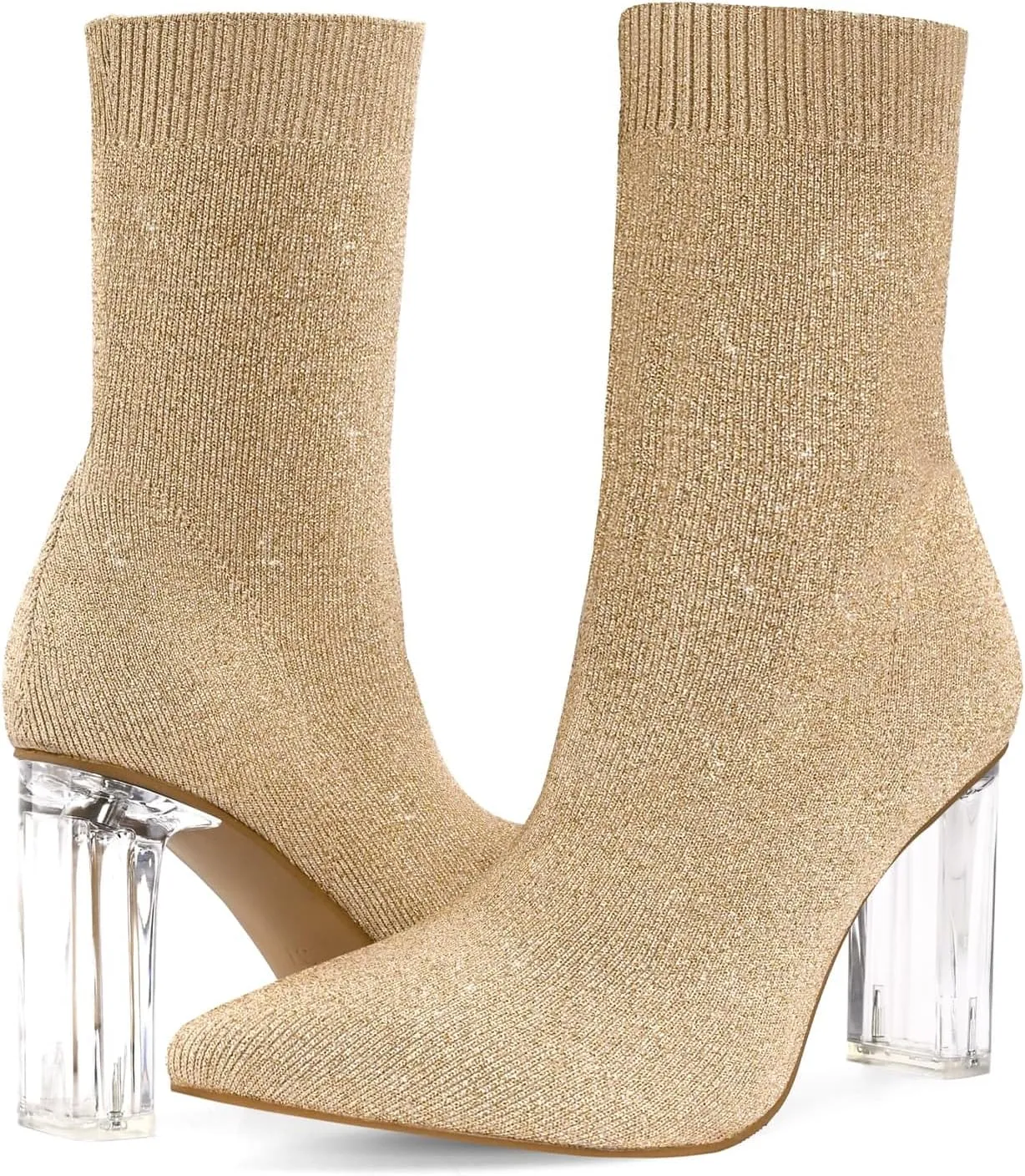 Shoe'N Tale Women's Knit Sock Ankle Boots Pointed Toe Clear Mid Heel Slip-on Stretch Booties Shoes