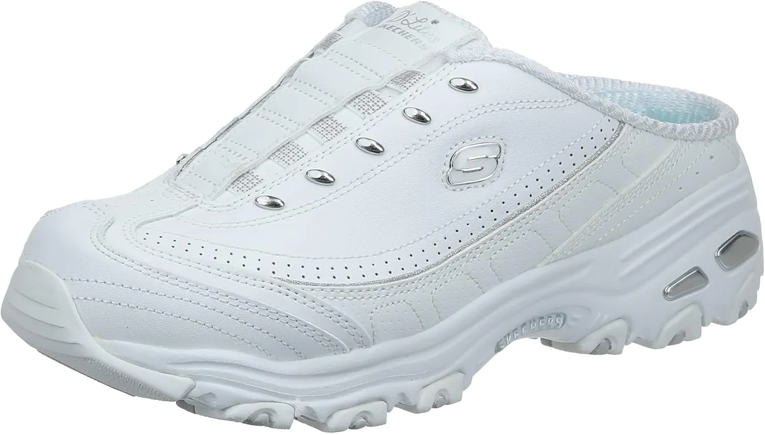 Skechers Women's D'Lites Bright Sky Mule, White/White/Silver, Size 7 Wide