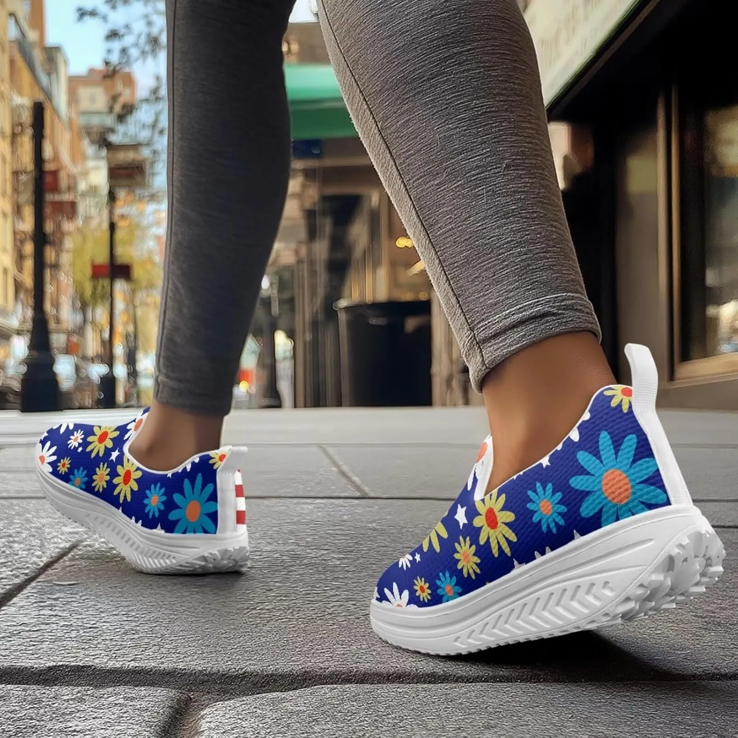 Slip On Women Shoes Hippie Florals Rocking Sole Loafers Comfort Elastic Stretch Mesh Casual Walking Sneakers