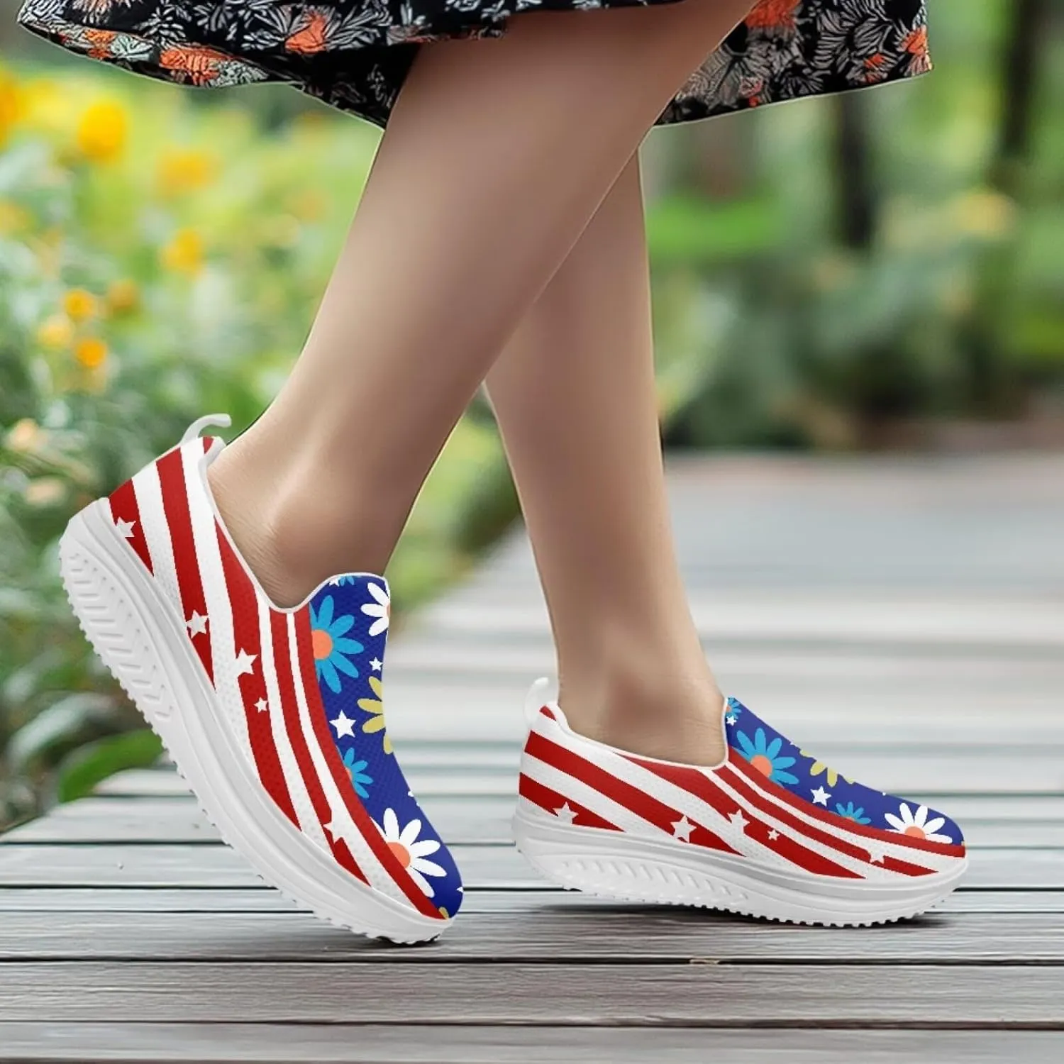 Slip On Women Shoes Hippie Florals Rocking Sole Loafers Comfort Elastic Stretch Mesh Casual Walking Sneakers
