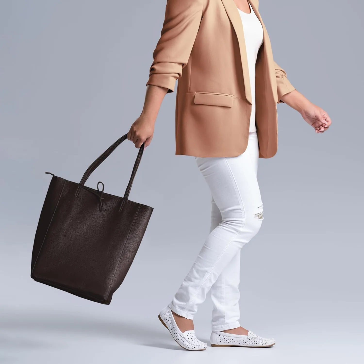 Soft Italian Genuine Calf Leather Tote Bag | Unstructured Unlined Shopper with Zipper, Inside Pocket & Flat Base