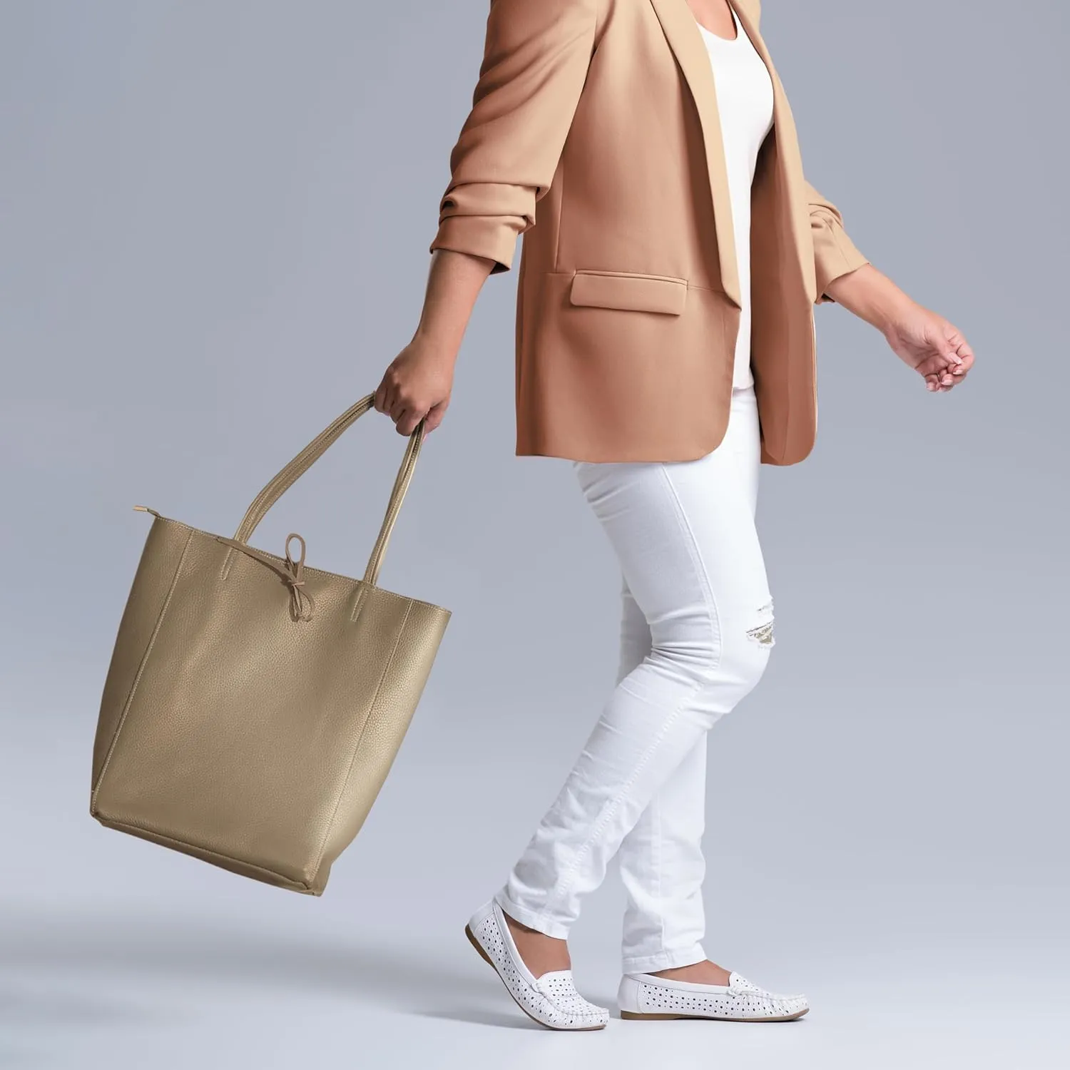 Soft Italian Genuine Calf Leather Tote Bag | Unstructured Unlined Shopper with Zipper, Inside Pocket & Flat Base