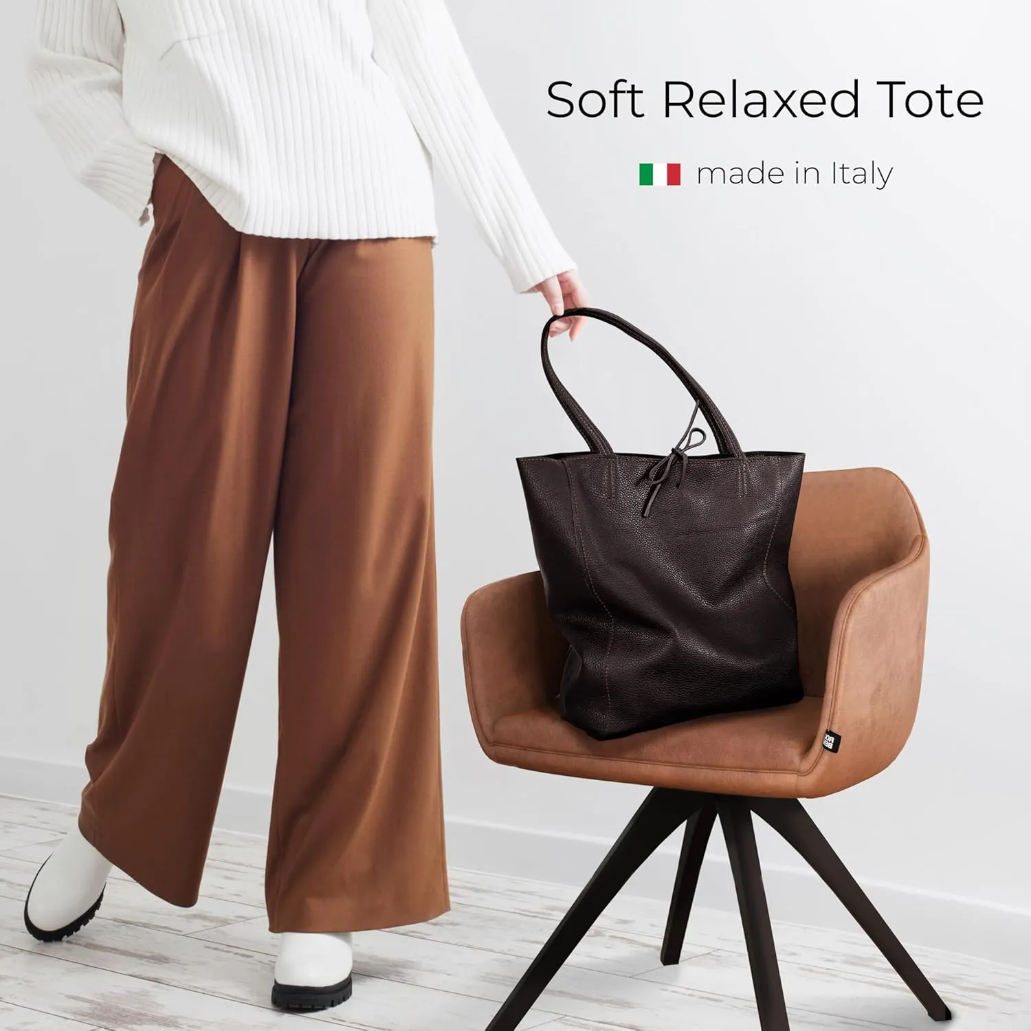 Soft Italian Genuine Calf Leather Tote Bag | Unstructured Unlined Shopper with Zipper, Inside Pocket & Flat Base