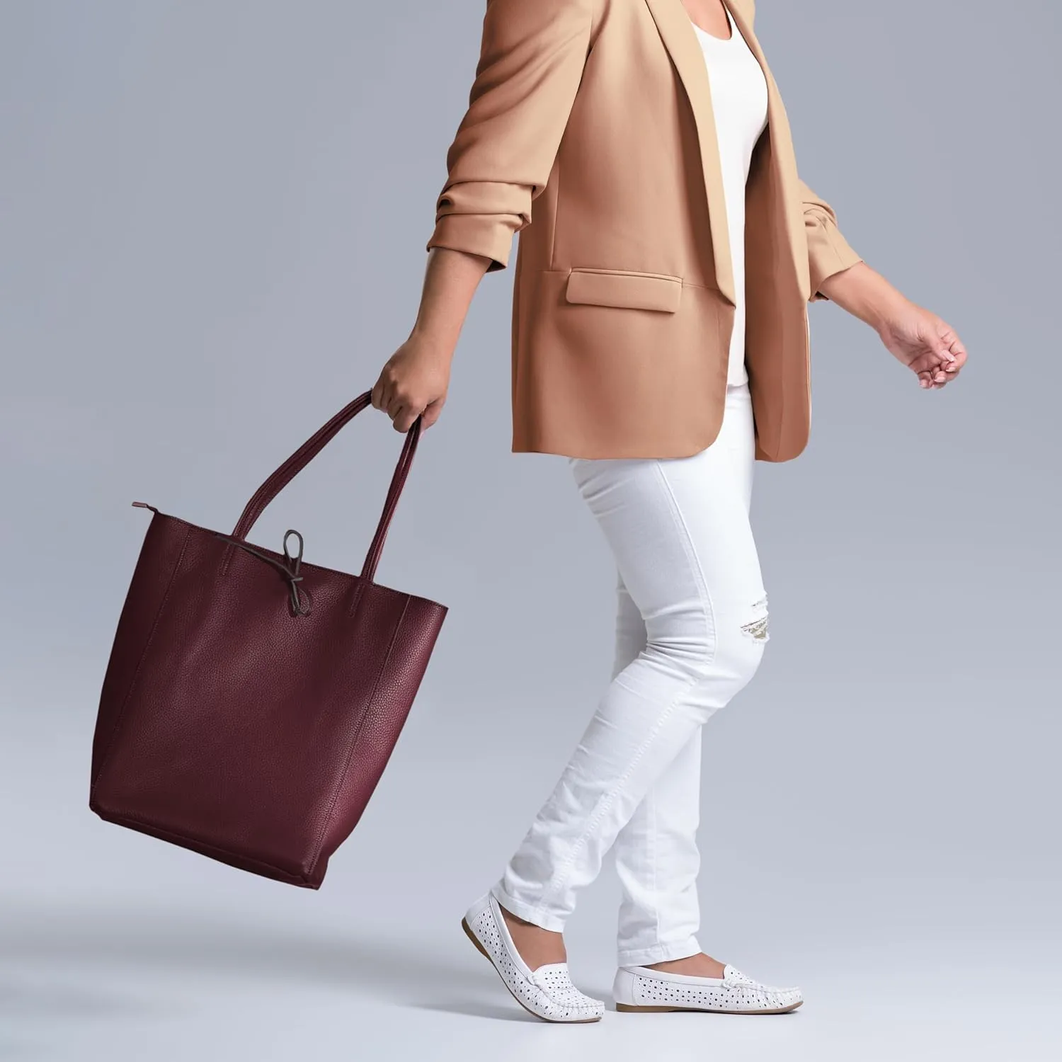 Soft Italian Genuine Calf Leather Tote Bag | Unstructured Unlined Shopper with Zipper, Inside Pocket & Flat Base