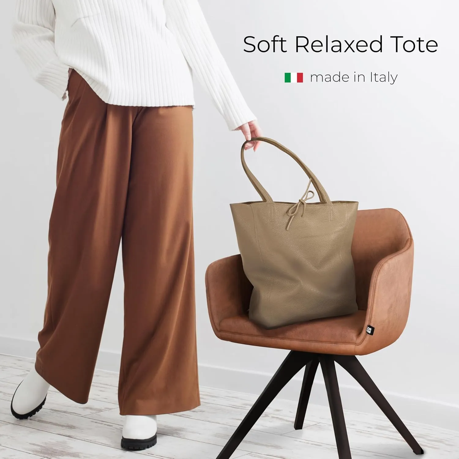 Soft Italian Genuine Calf Leather Tote Bag | Unstructured Unlined Shopper with Zipper, Inside Pocket & Flat Base