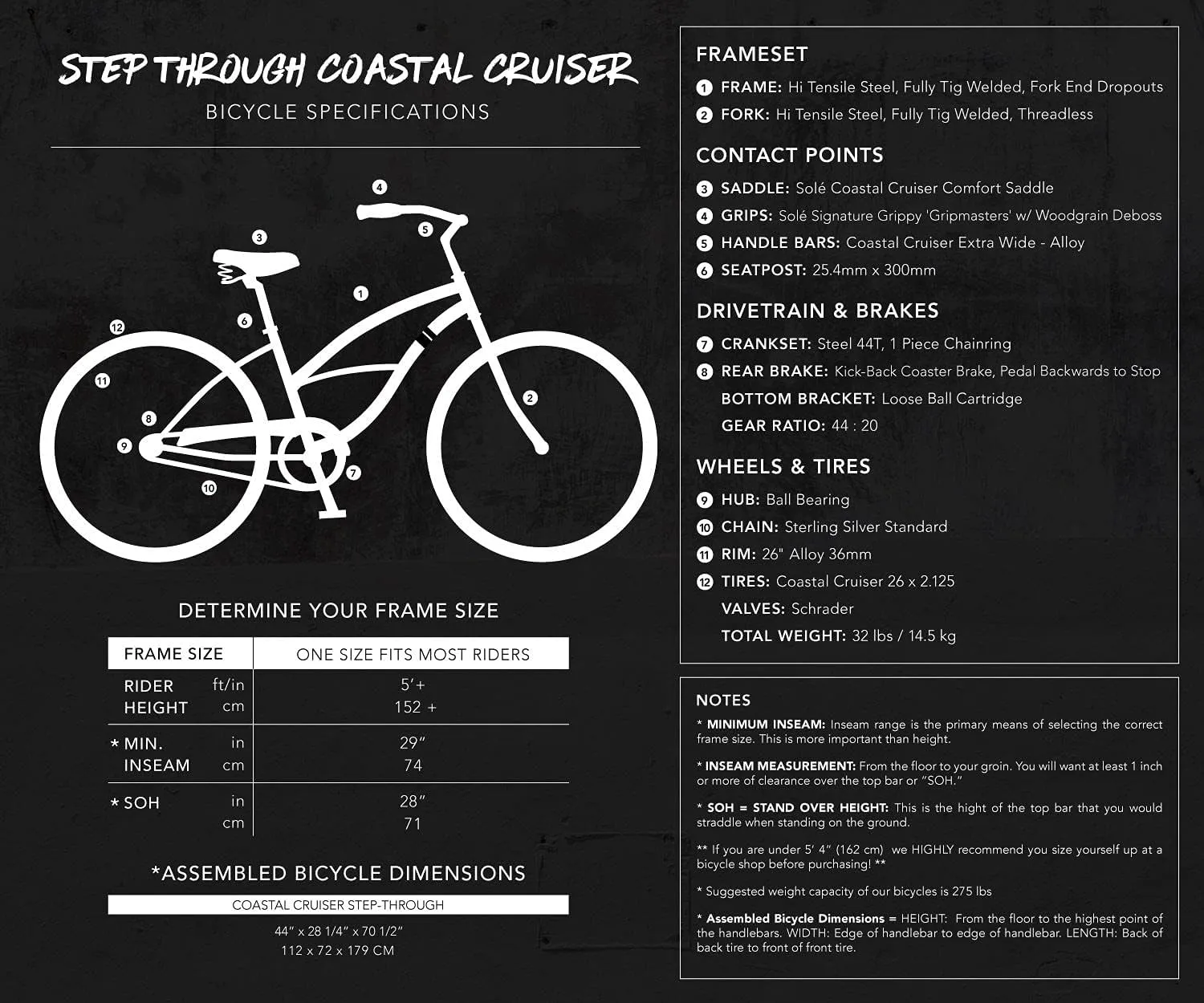 Solé Bicycles Coastal Cruiser Step Over and Coastal Cruiser Step Through Beach Cruiser Bike, Multiple Colors, Multiple Styles