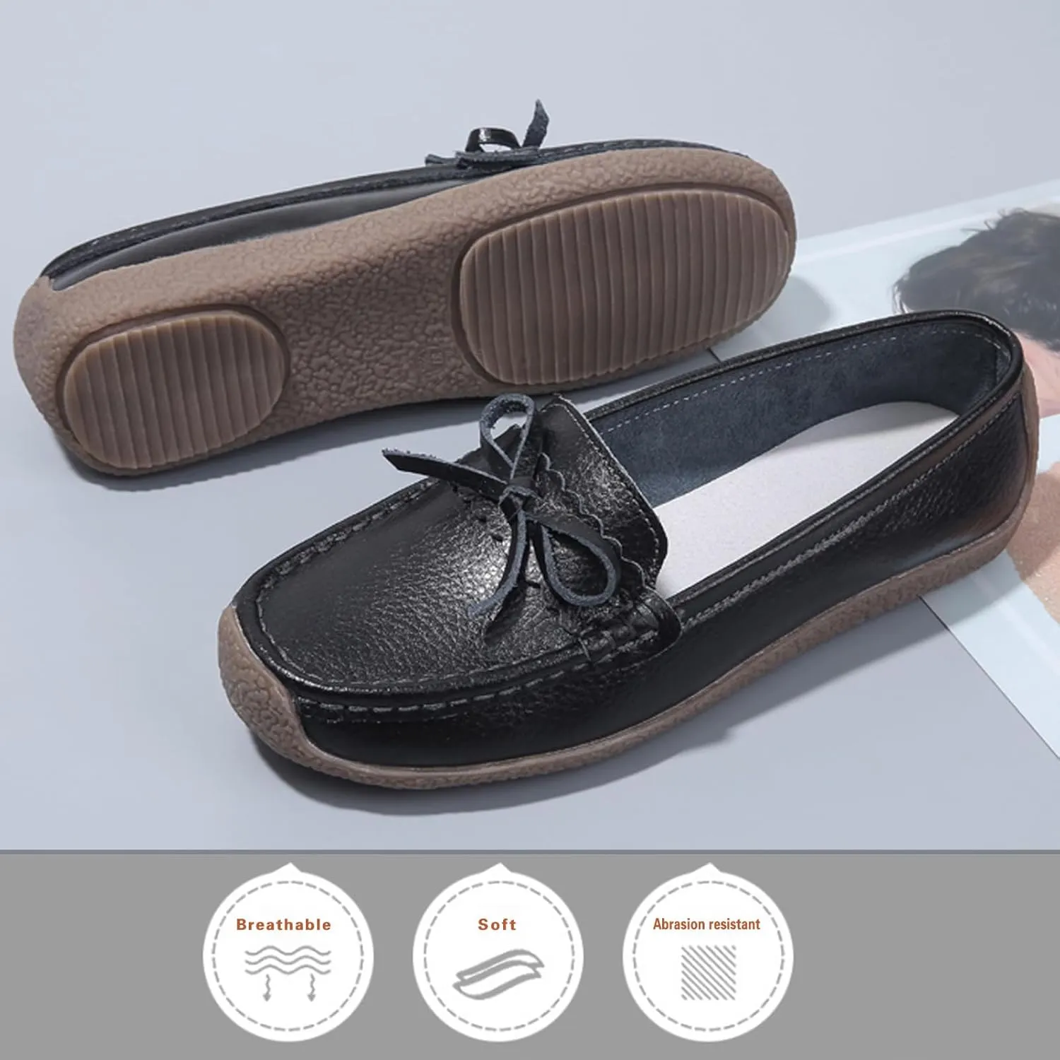 Solaud Women's Leather Loafers Comfort Soft Wild Driving Anti-Collision Penny Moccasins Nurses Work Daily Walking Flats Casual Shoes