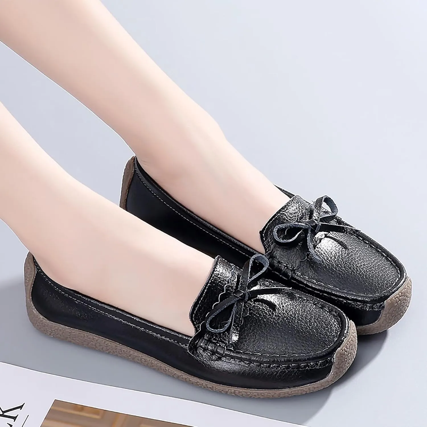 Solaud Women's Leather Loafers Comfort Soft Wild Driving Anti-Collision Penny Moccasins Nurses Work Daily Walking Flats Casual Shoes