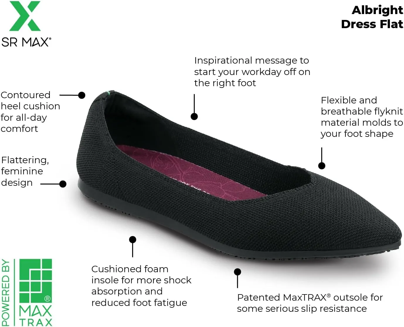 SR Max Albright, Women's, MaxTrax Slip Resistant, Soft Toe, Dress Flat, Work Shoe