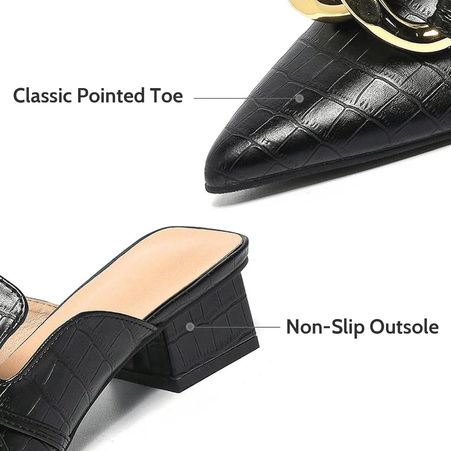 Stratuxx Kaze Women's Chunky Heeled Mules Slip on Closed Pointed Toe Backless Loafers with Metal Chain for Women Size 6-10