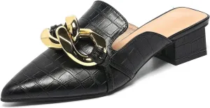 Stratuxx Kaze Women's Chunky Heeled Mules Slip on Closed Pointed Toe Backless Loafers with Metal Chain for Women Size 6-10