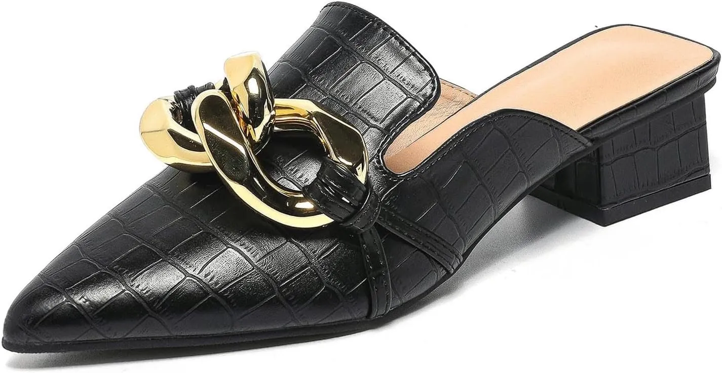 Stratuxx Kaze Women's Chunky Heeled Mules Slip on Closed Pointed Toe Backless Loafers with Metal Chain for Women Size 6-10