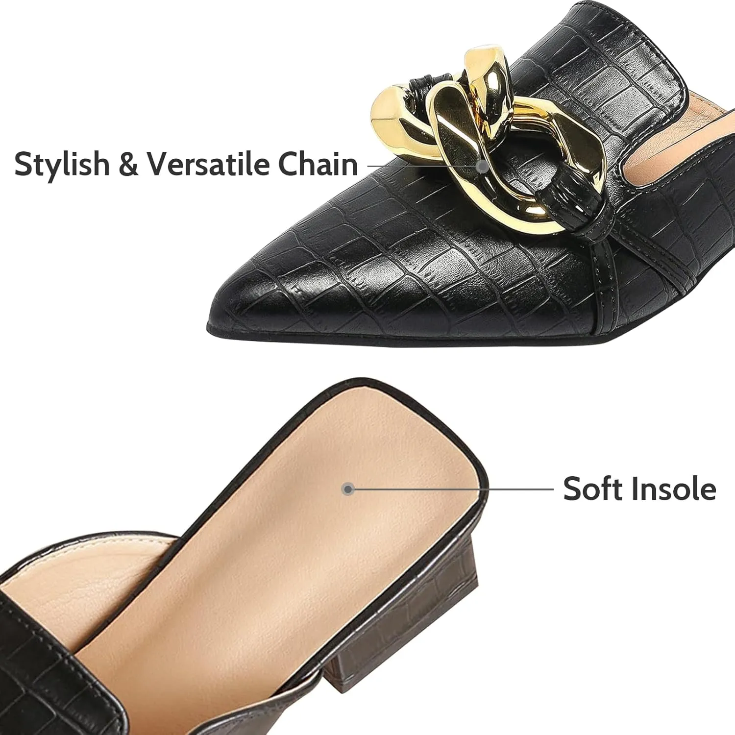 Stratuxx Kaze Women's Chunky Heeled Mules Slip on Closed Pointed Toe Backless Loafers with Metal Chain for Women Size 6-10