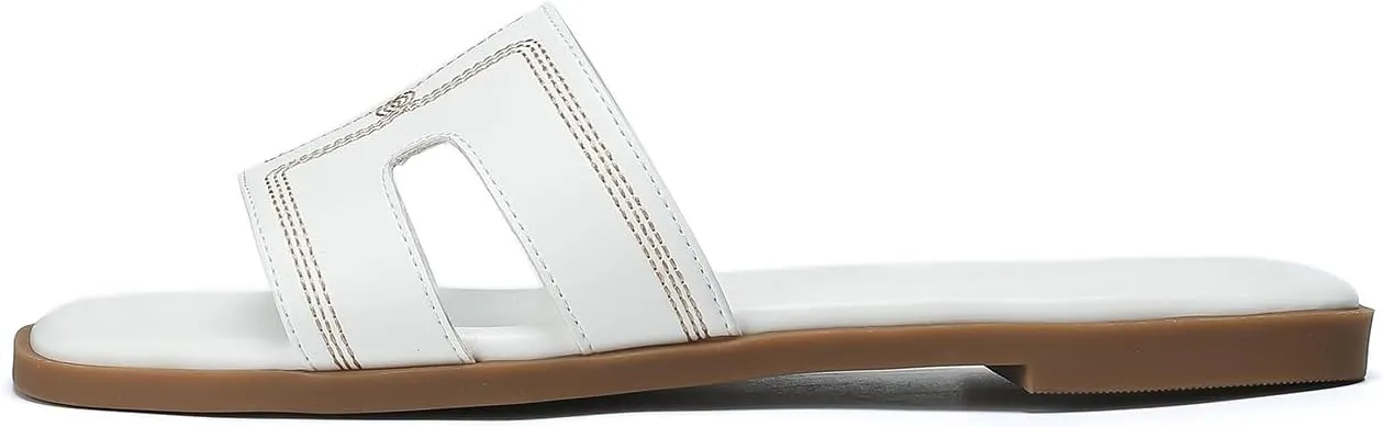 Stratuxx Kaze Womens Flat Sandals Dressy Summer Slide Leather Sandals Comfortable Cute Black Summer Slides for Women