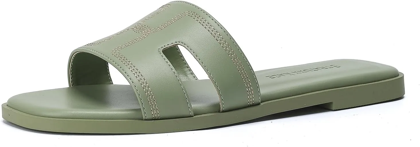 Stratuxx Kaze Womens Flat Sandals Dressy Summer Slide Leather Sandals Comfortable Cute Black Summer Slides for Women