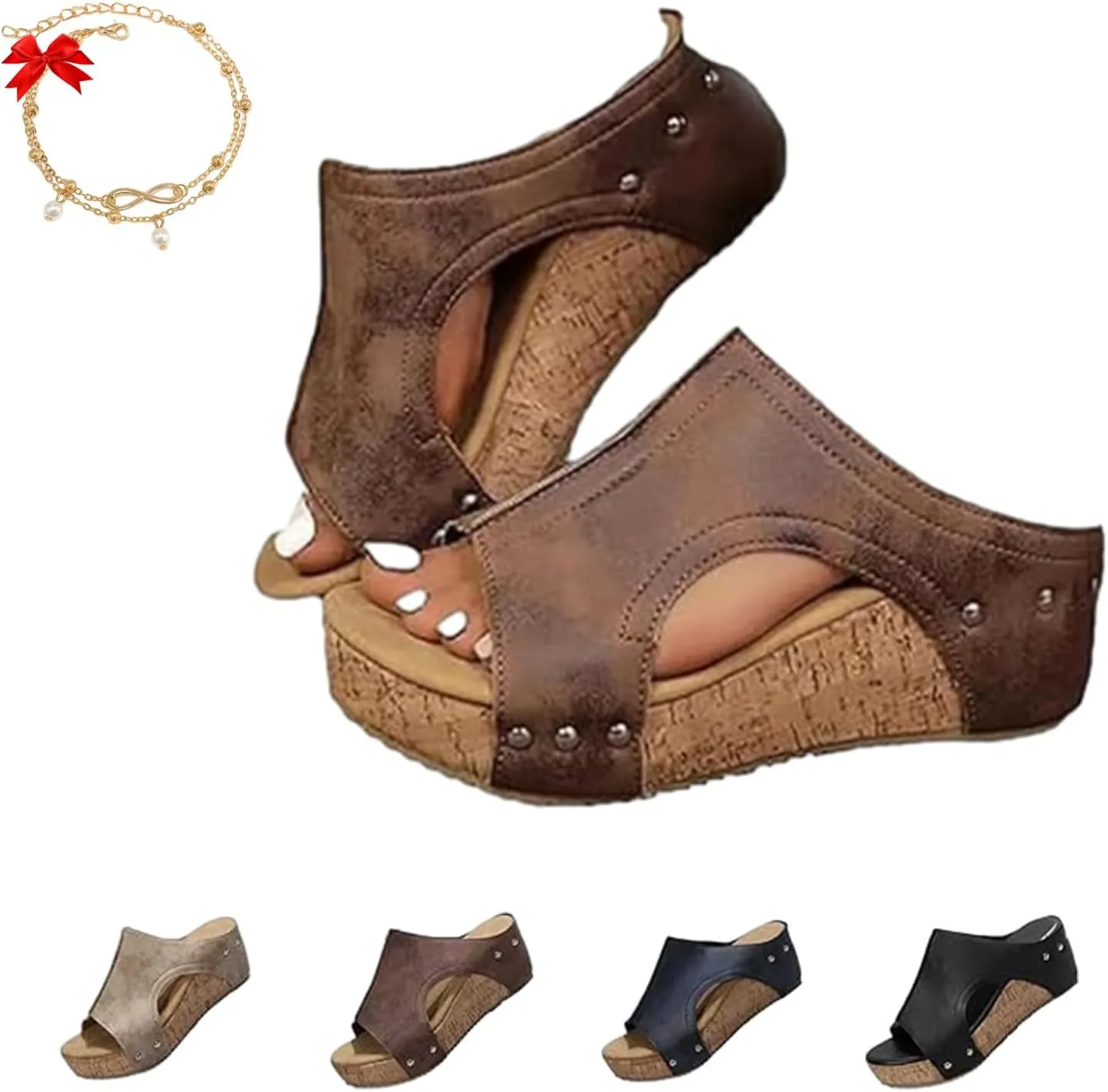 Stud Wedges, Maison Birch Cork Wedges, Cork Wedge Sandals for Women, Non-slip Summer Comfy Platform Orthopedic