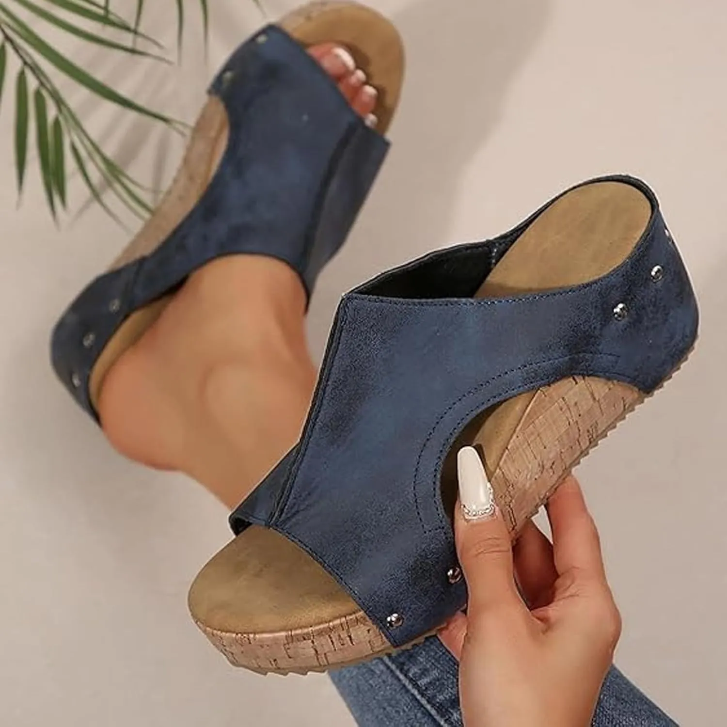 Stud Wedges, Maison Birch Cork Wedges, Cork Wedge Sandals for Women, Non-slip Summer Comfy Platform Orthopedic